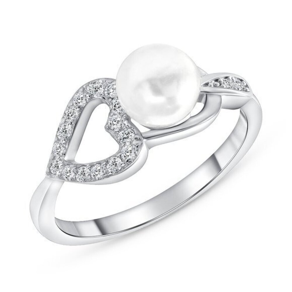 Sterling Silver Heart CZ Pearl Ring size 5 6 7 8 9